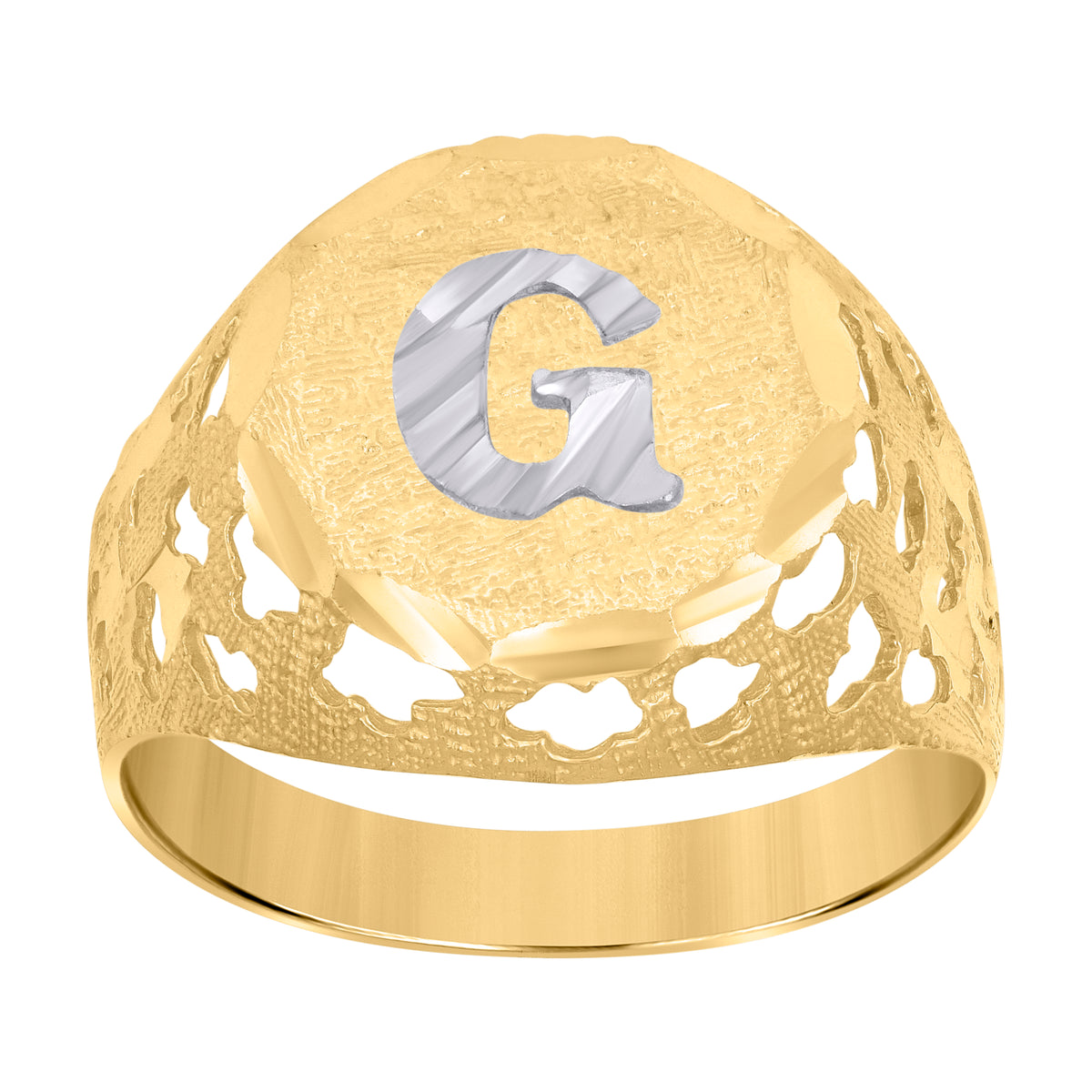 10K Two-Tone Gold Mens Diamond-Cut Textured Initial Letter G Band Ring