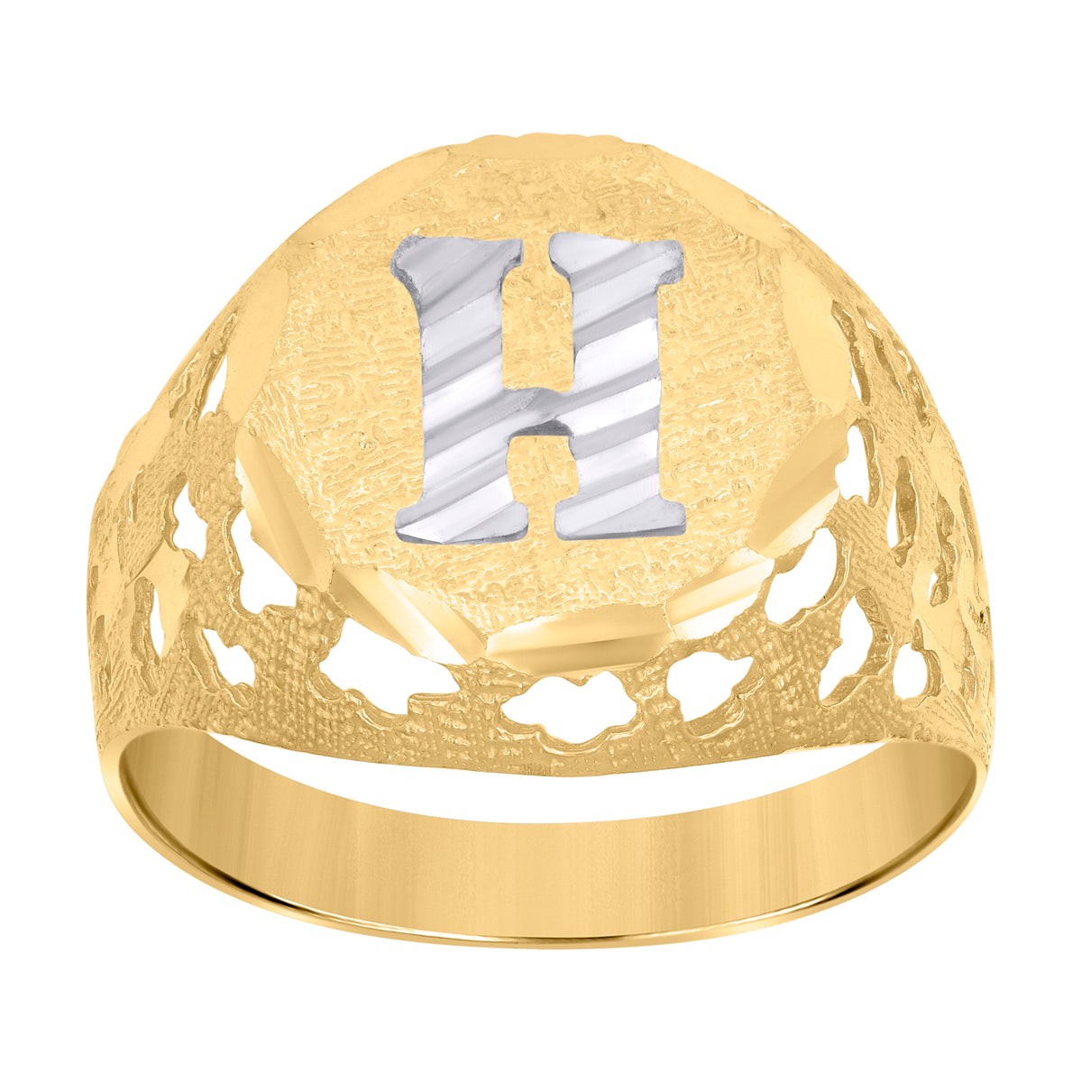 10K Two-Tone Gold Mens Diamond-Cut Textured Initial Letter H Band Ring