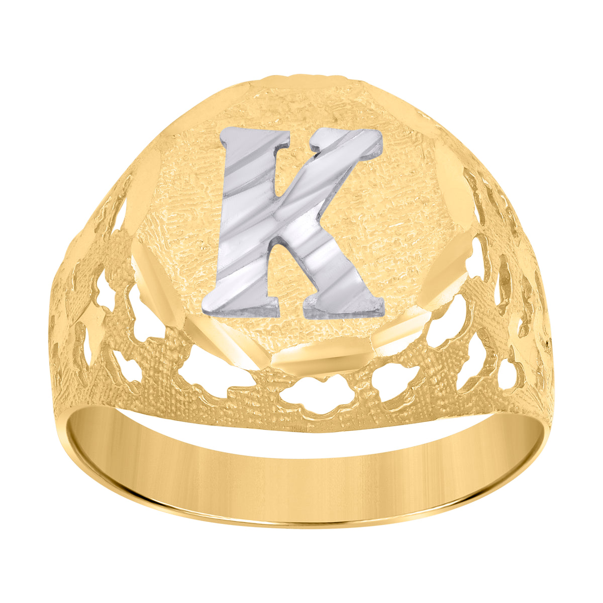 10K Two-Tone Gold Mens Diamond-Cut Textured Initial Letter K Band Ring