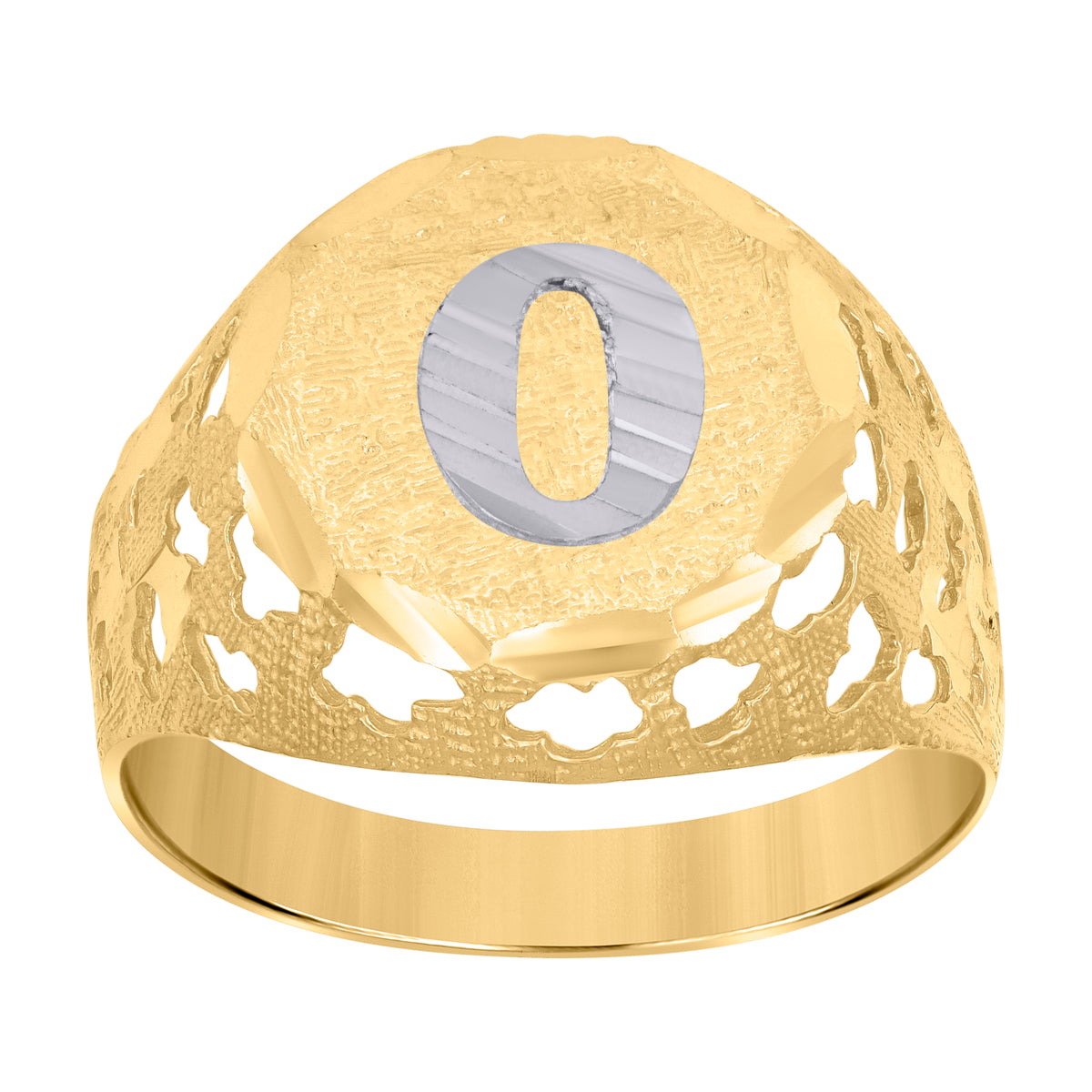 10K Two-Tone Gold Mens Diamond-Cut Textured Initial Letter O Band Ring
