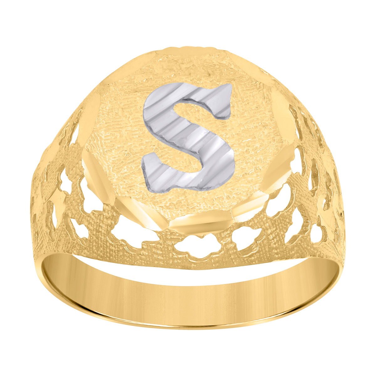 10K Two-Tone Gold Mens Diamond-Cut Textured Initial Letter S Band Ring