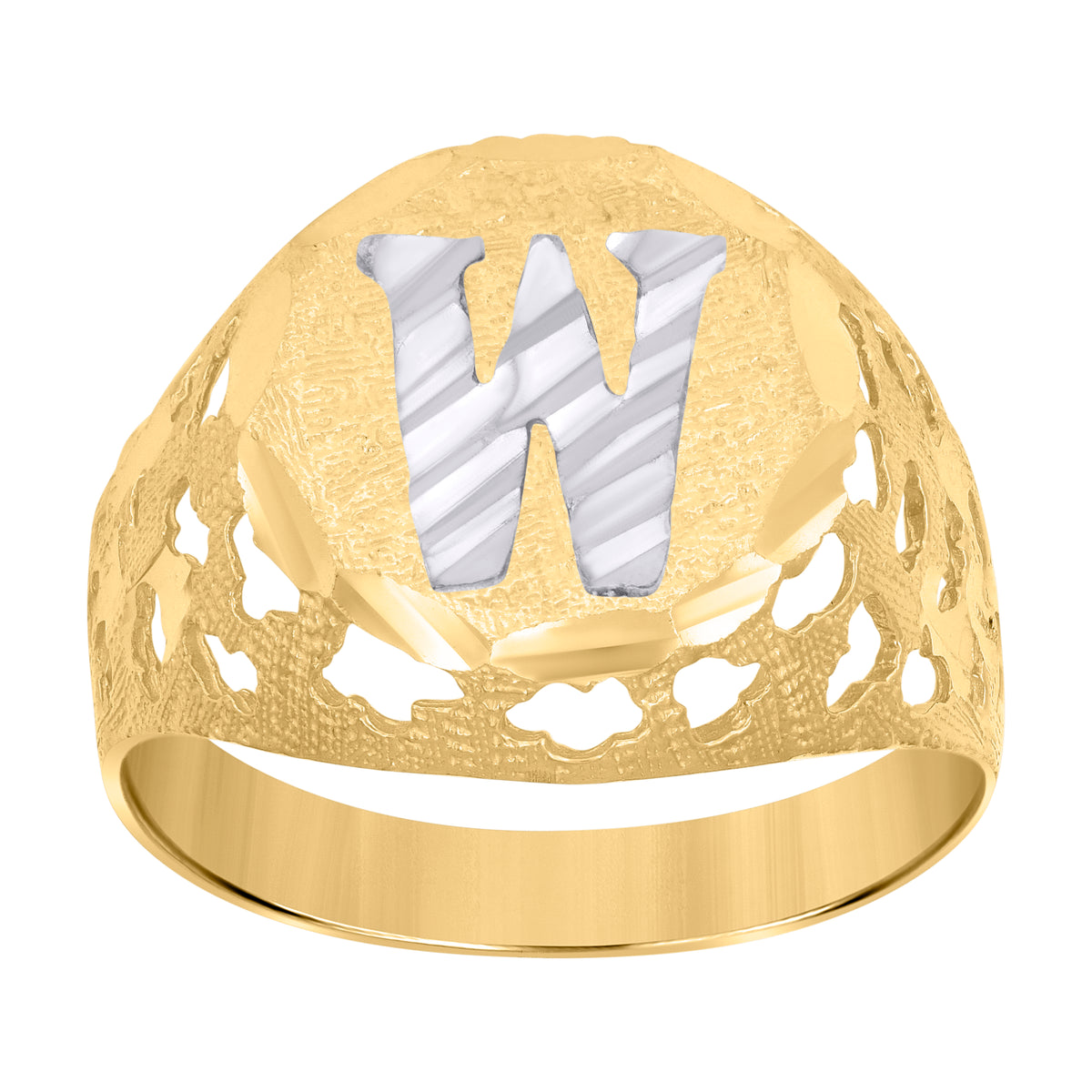 10K Two-Tone Gold Mens Diamond-Cut Textured Initial Letter W Band Ring