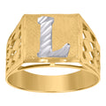 10K Two-Tone Gold Mens Diamond-Cut Textured Initial Letter L Band Ring