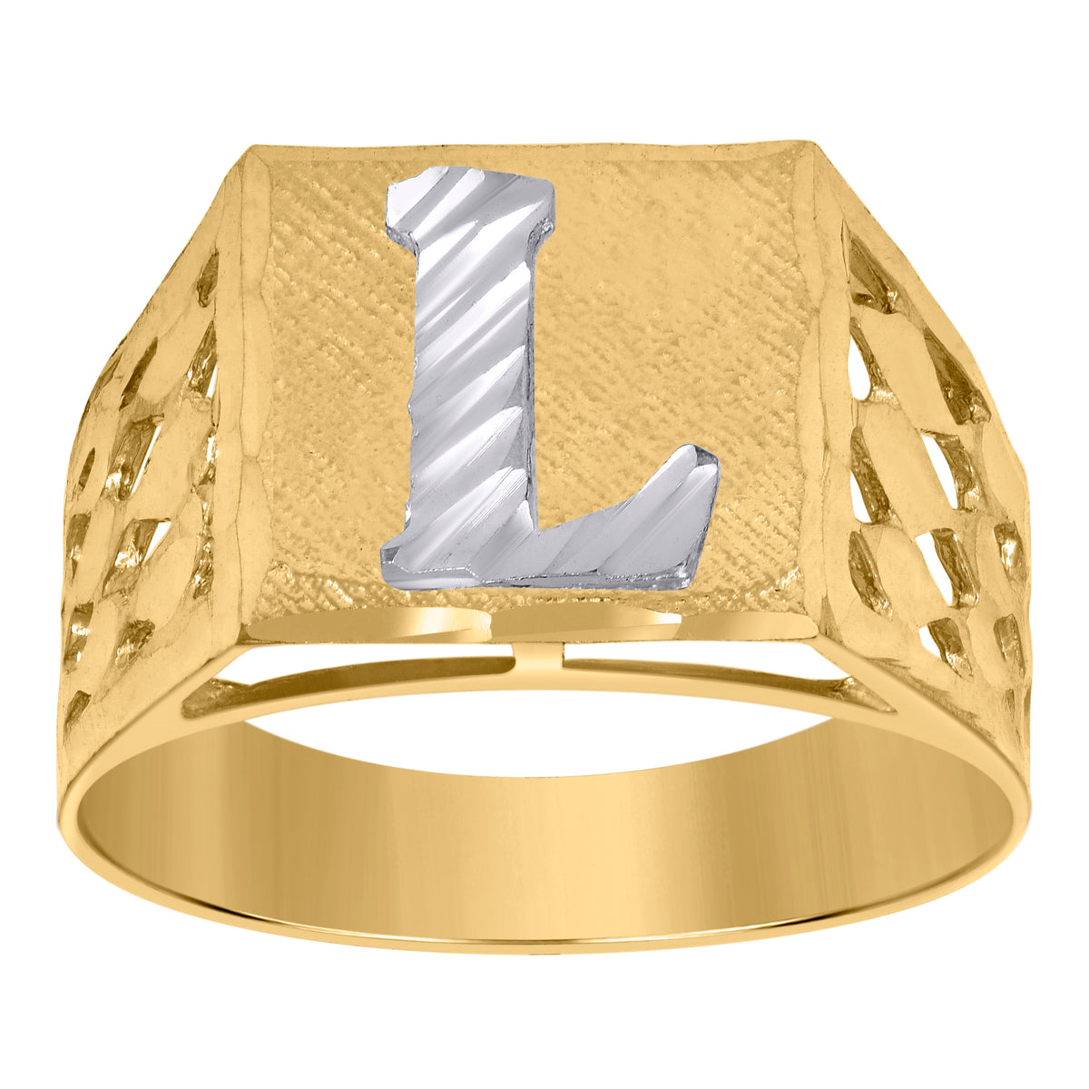 10K Two-Tone Gold Mens Diamond-Cut Textured Initial Letter L Band Ring