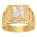 10K Two-Tone Gold Mens Diamond-Cut Textured Initial Letter M Band Ring