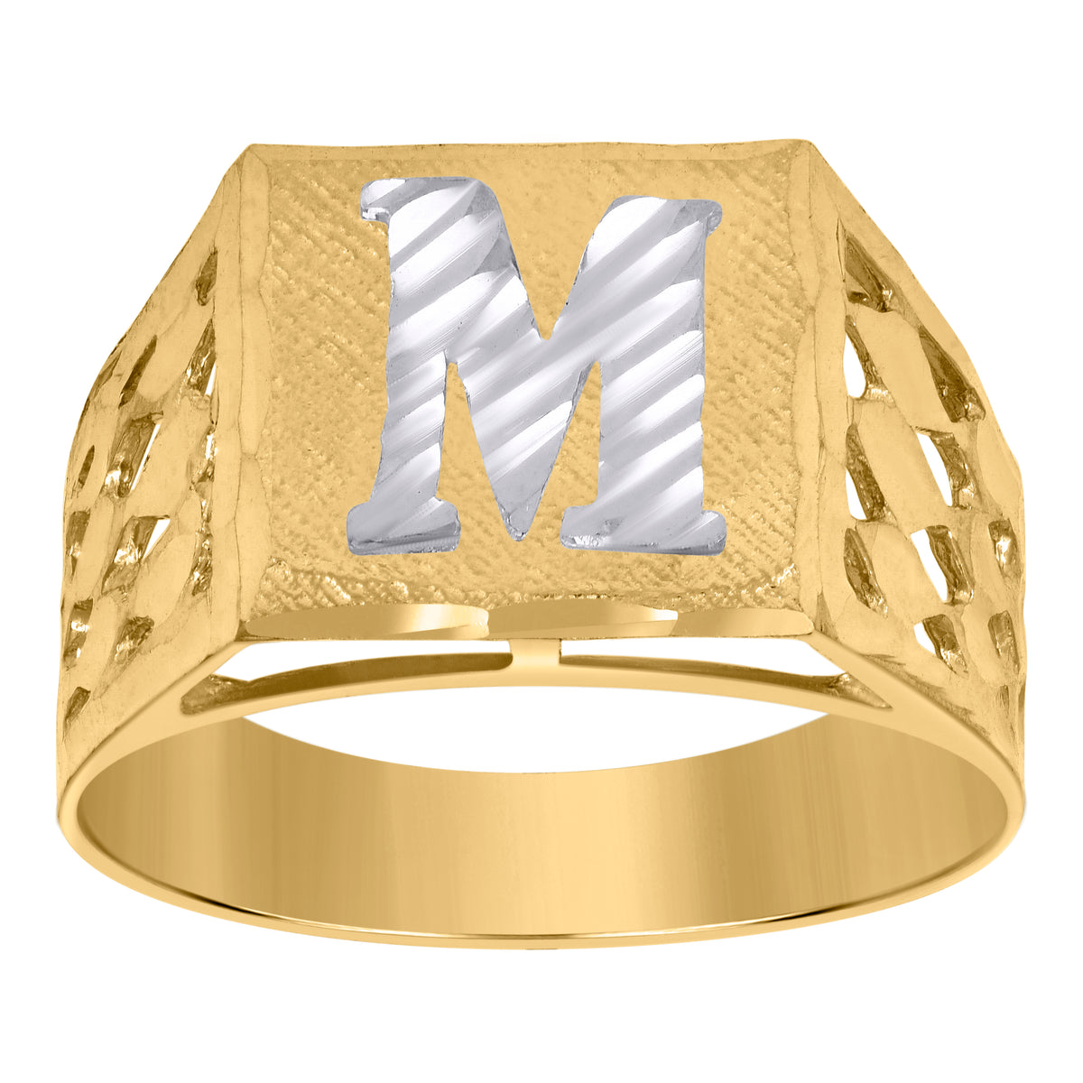 10K Two-Tone Gold Mens Diamond-Cut Textured Initial Letter M Band Ring