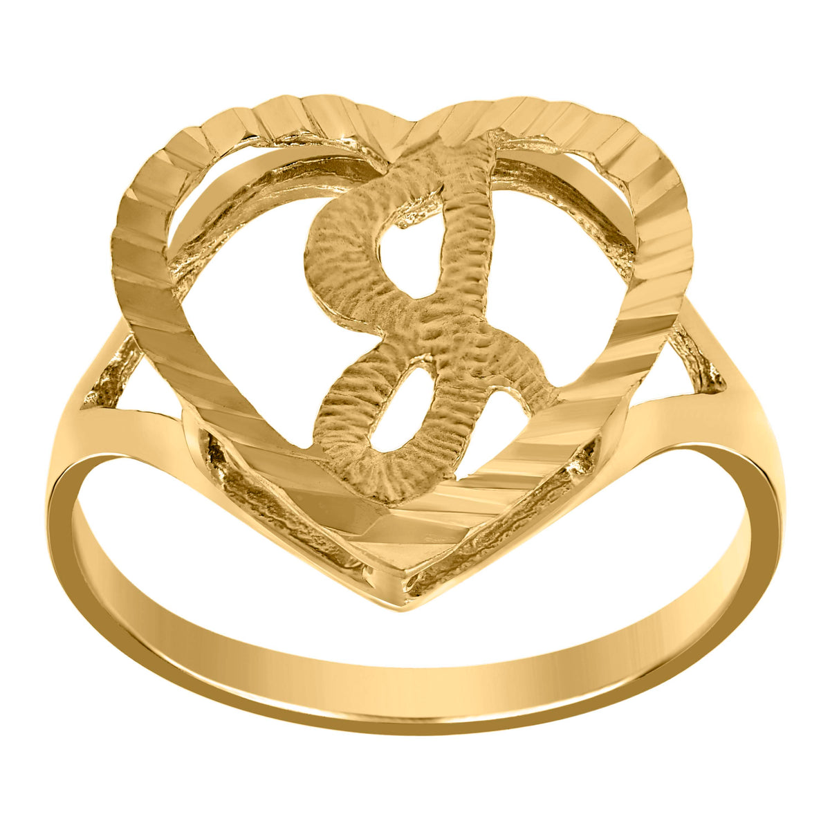 10K Yellow Gold Womens Diamond-Cut Textured Heart Initial Letter J Band Ring