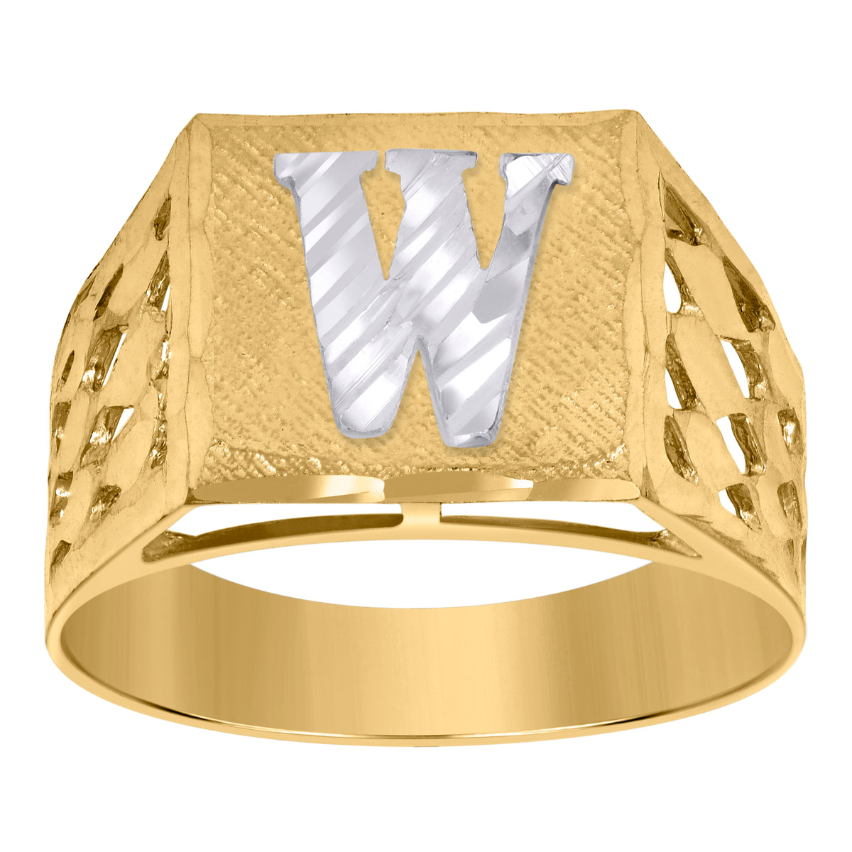 10K Two-Tone Gold Mens Diamond-Cut Textured Initial Letter W Band Ring