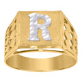 10K Two-Tone Gold Mens Diamond-Cut Textured Initial Letter R Band Ring