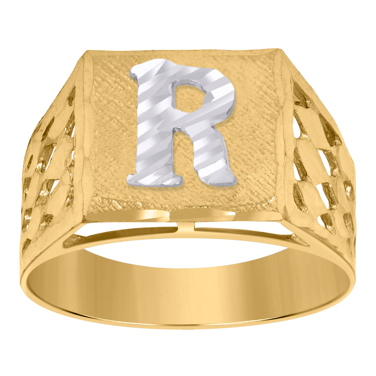 10K Two-Tone Gold Mens Diamond-Cut Textured Initial Letter R Band Ring