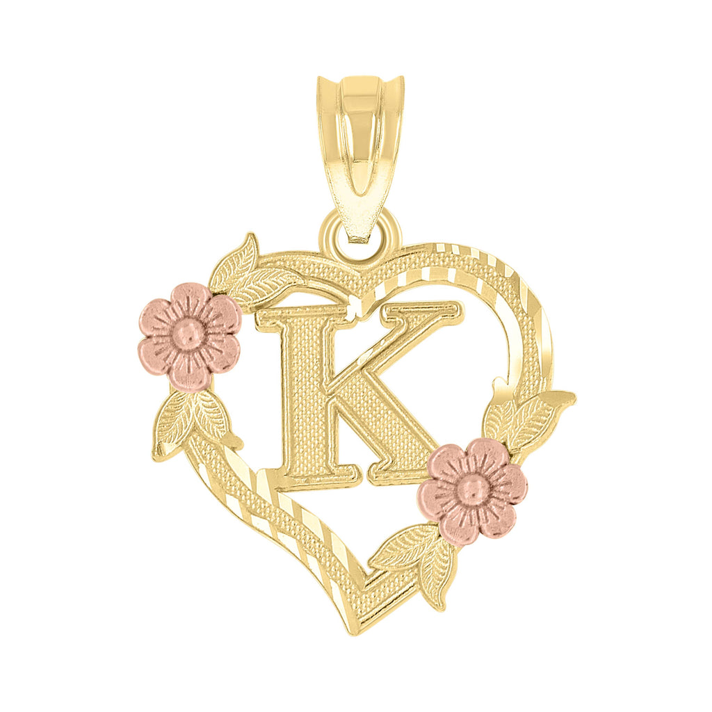 10K Two-Tone Gold Womens Heart Flower Initial Letter K Charm Pendant