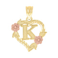 10K Two-Tone Gold Womens Heart Flower Initial Letter K Charm Pendant