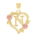 10K Two-Tone Gold Womens Heart Flower Initial Letter N Charm Pendant