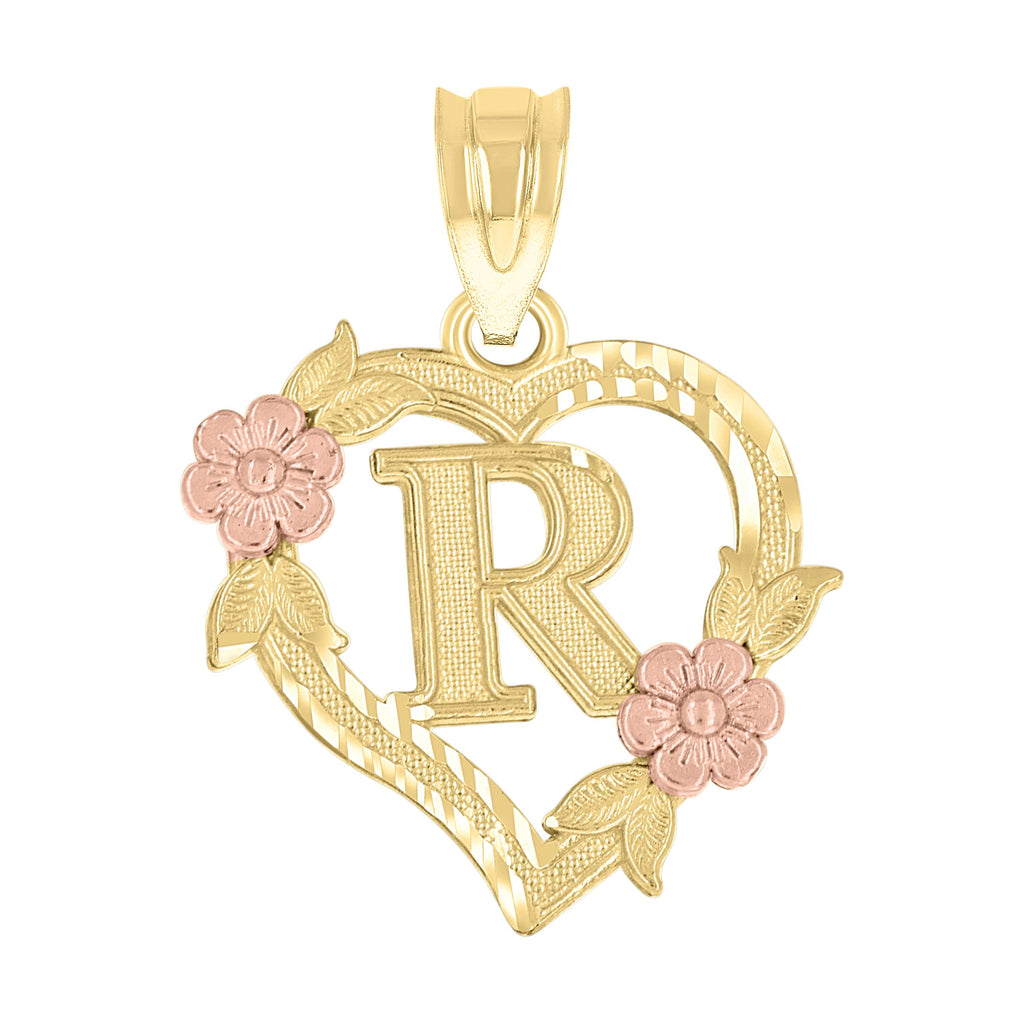 10K Two-Tone Gold Womens Heart Flower Initial Letter R Charm Pendant