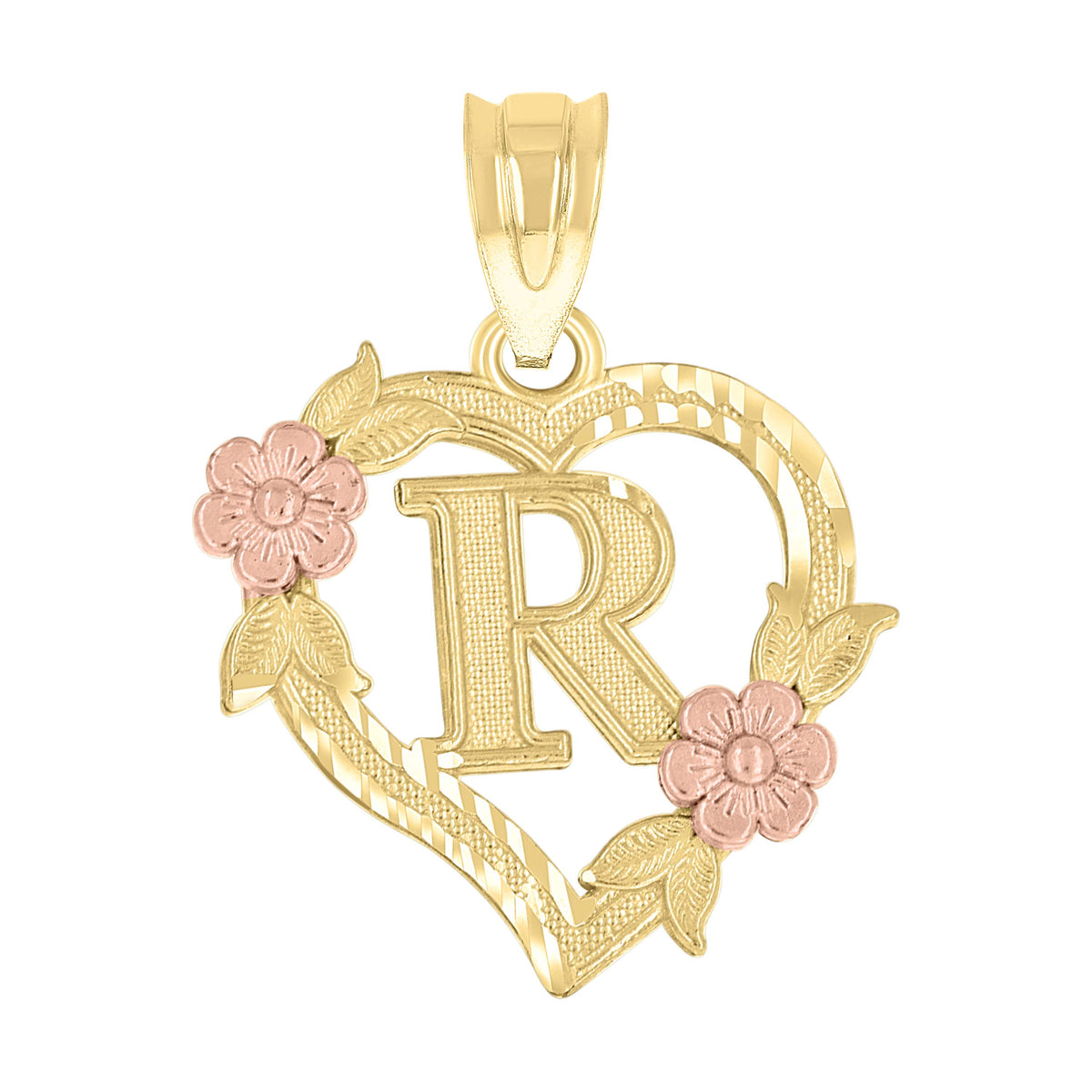 10K Two-Tone Gold Womens Heart Flower Initial Letter R Charm Pendant