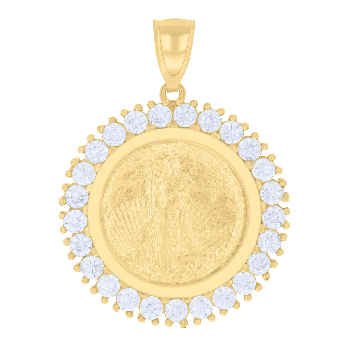 10K Yellow Gold Cubic-Zirconia Mens Lady Liberty Medallion Charm Pendant