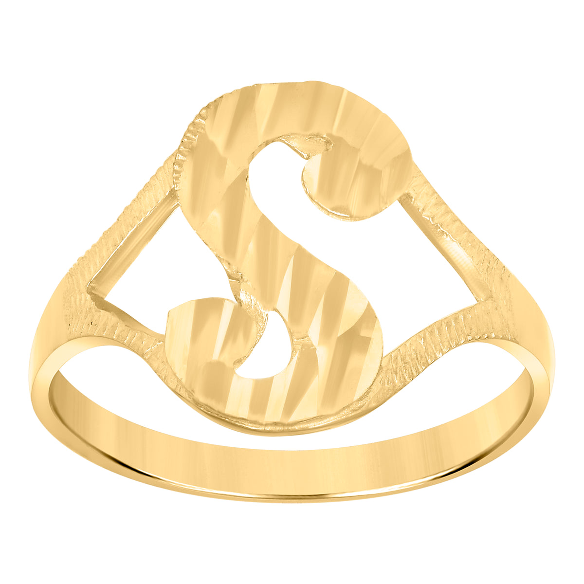 10K Yellow Gold Womens Diamond-Cut Textured Initial Letter S Band Ring