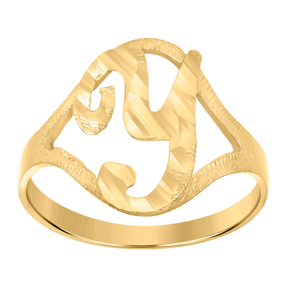 10K Yellow Gold Womens Diamond-Cut Textured Initial Letter Y Band Ring