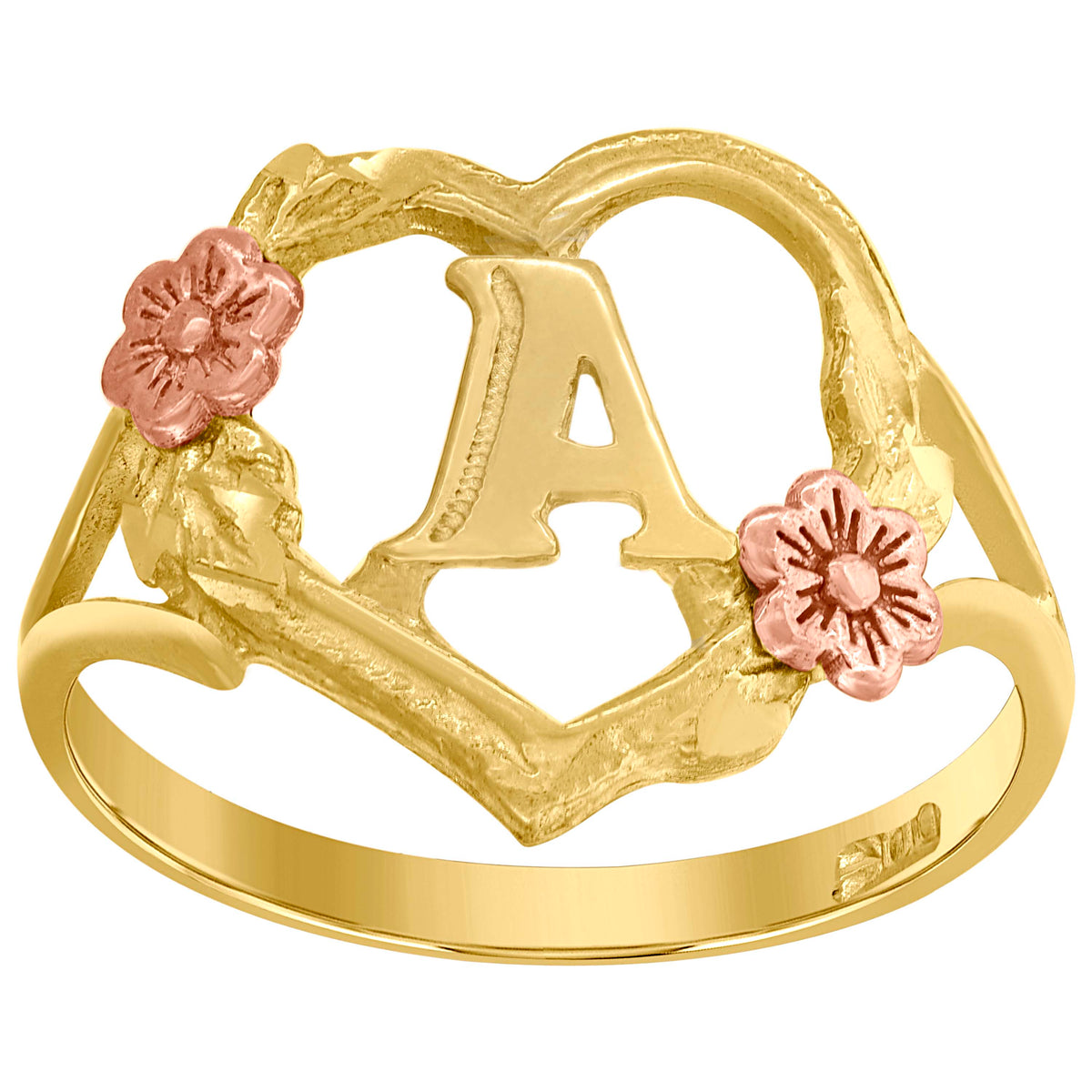 10K Two-Tone Gold Womens Dc Textured Initial Letter A Heart Band Ring