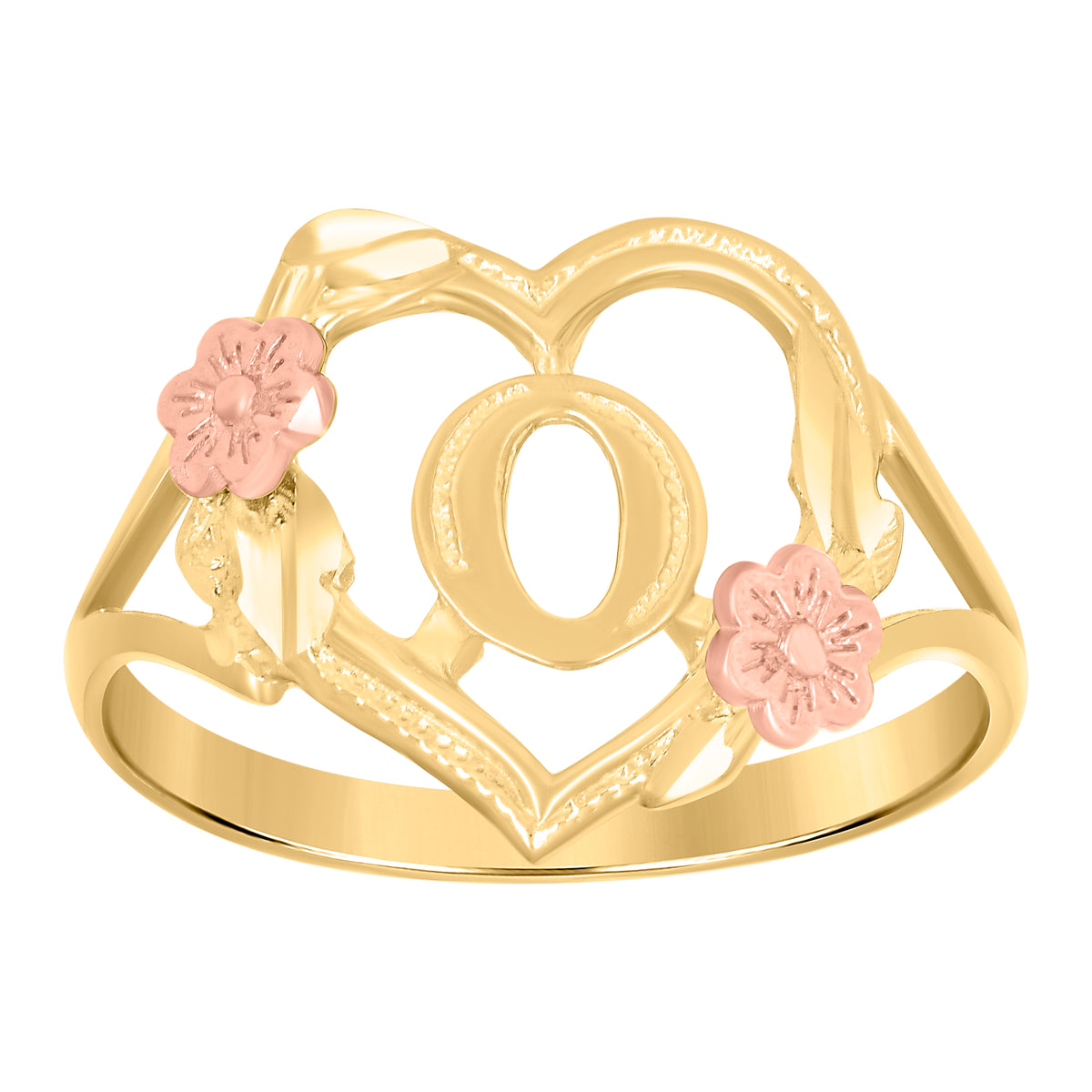 10K Two-Tone Gold Womens Dc Textured Initial Letter O Heart Band Ring
