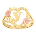 10K Two-Tone Gold Womens Dc Textured Initial Letter V Heart Band Ring