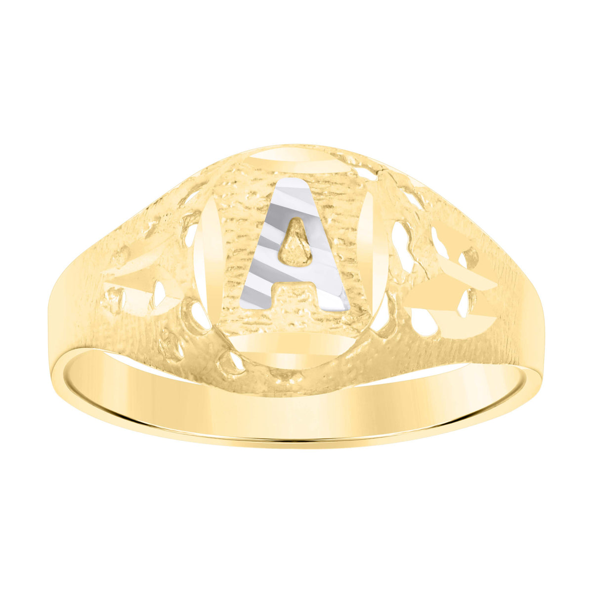 10K Two-Tone Gold Baby Diamond-Cut Textured Oval Initial Letter A Band Ring