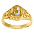 10K Two-Tone Gold Mens Diamond-Cut Textured Oval Initial Letter J Band Ring