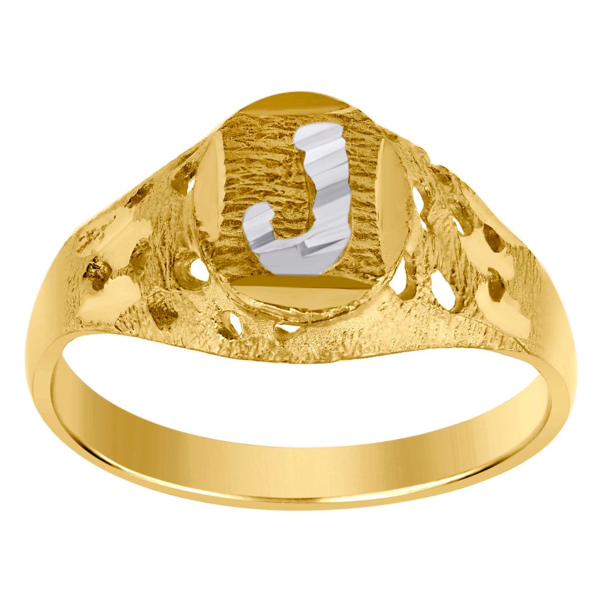 10K Two-Tone Gold Mens Diamond-Cut Textured Oval Initial Letter J Band Ring