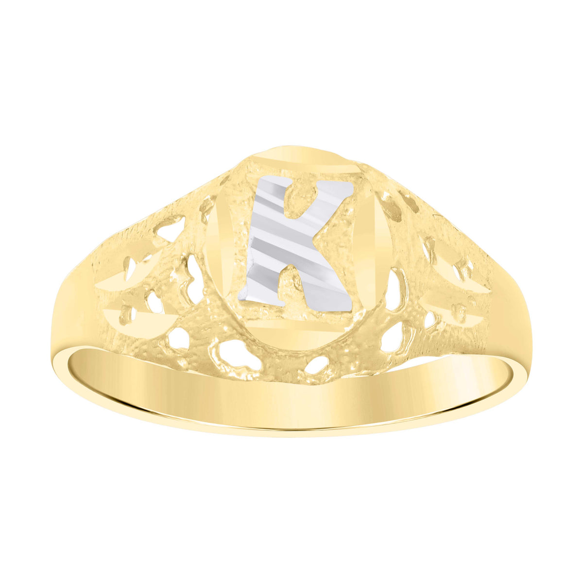 10K Two-Tone Gold Mens Diamond-Cut Textured Oval Initial Letter K Band Ring