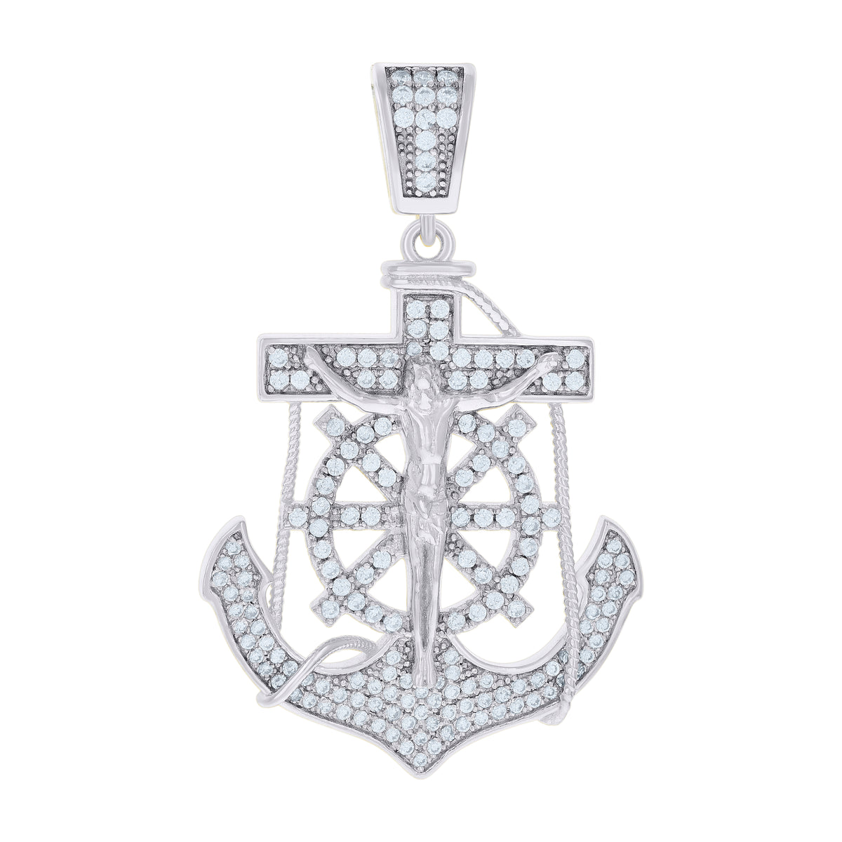 925 Sterling Silver Mens Cubic Zirconia Religious Anchor Crucifix Charm Pendant