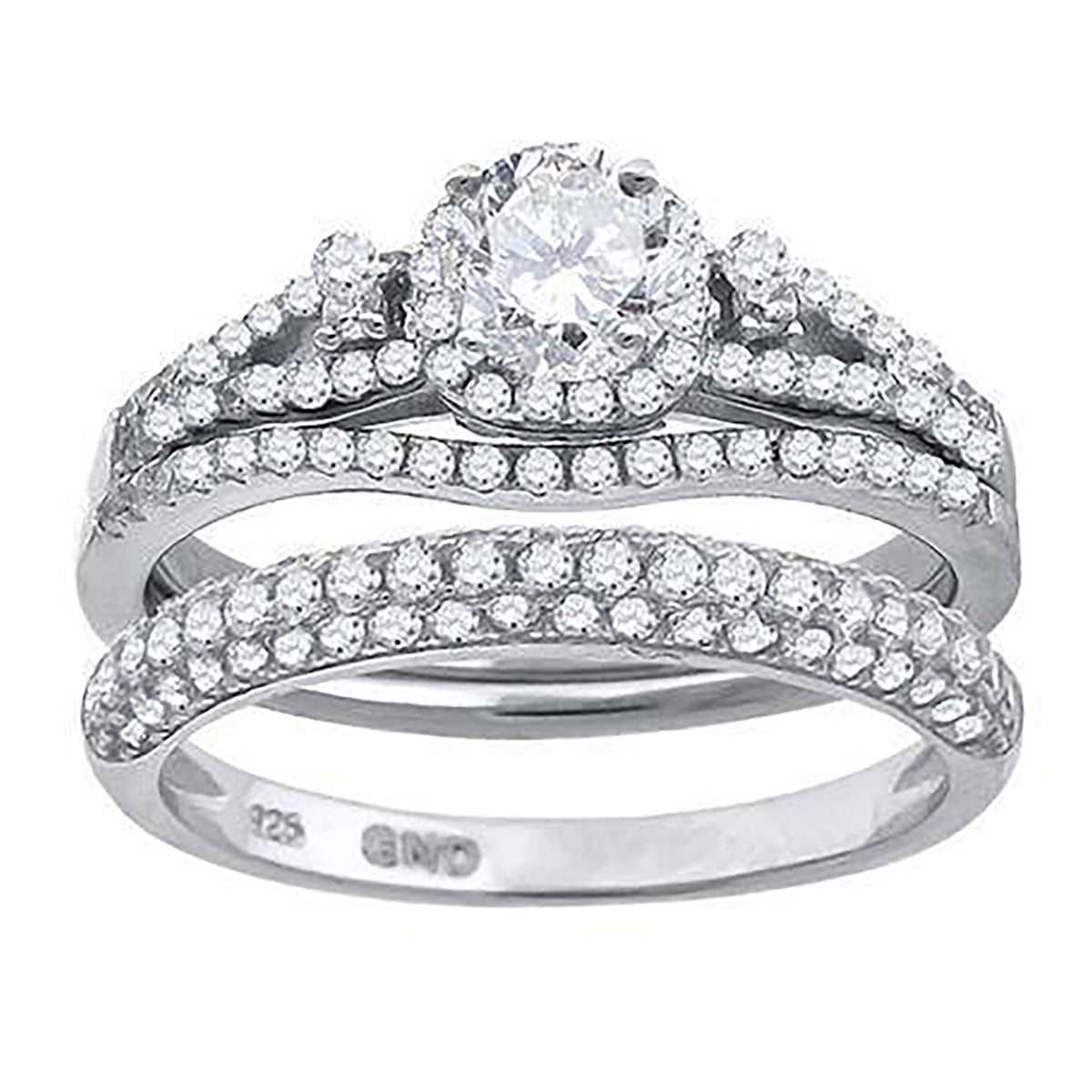 925 Sterling Silver His & Hers Cubic Zirconia Halo Bridal Trio Set Ring