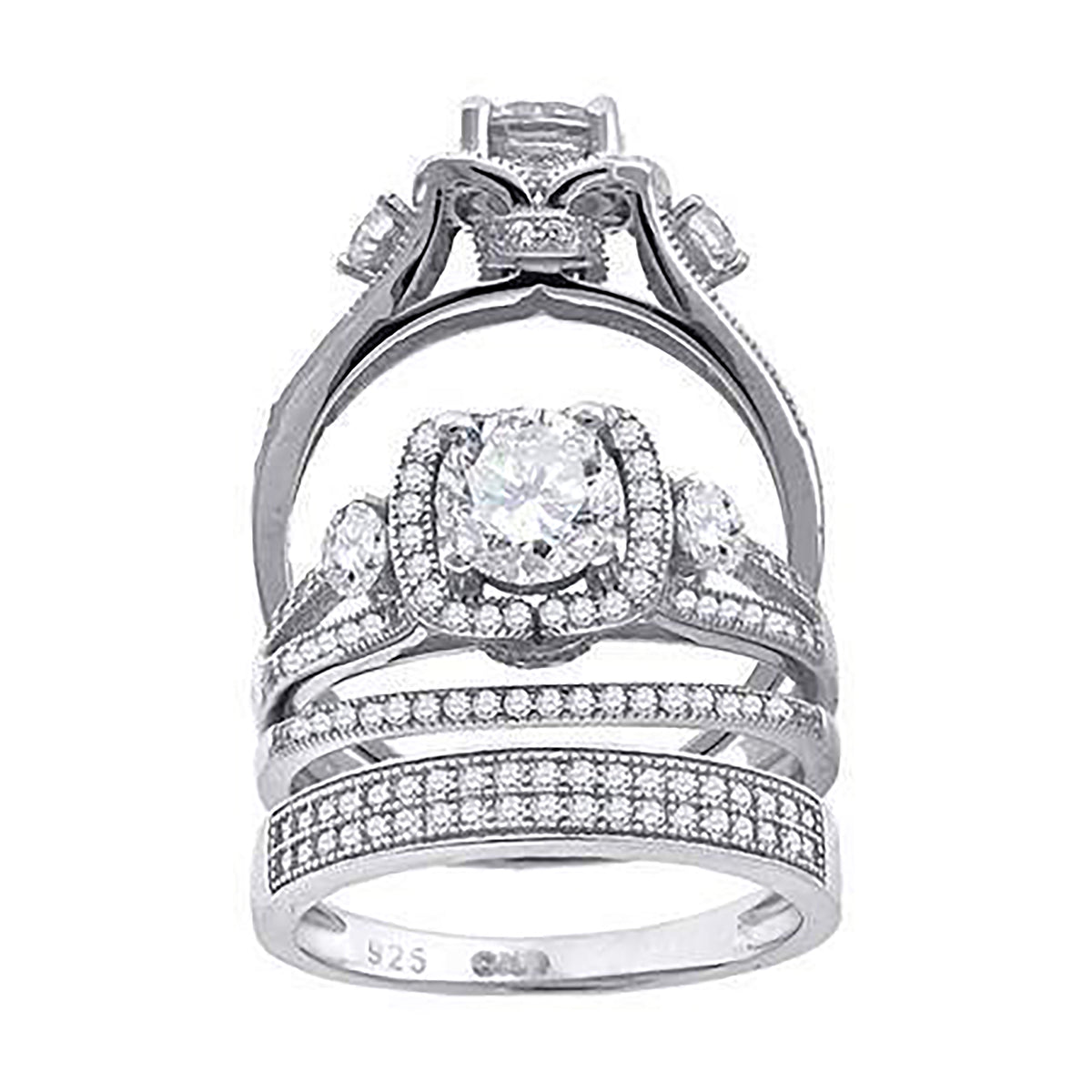 925 Sterling Silver His & Hers Cubic Zirconia Trio Ring Set Size 8