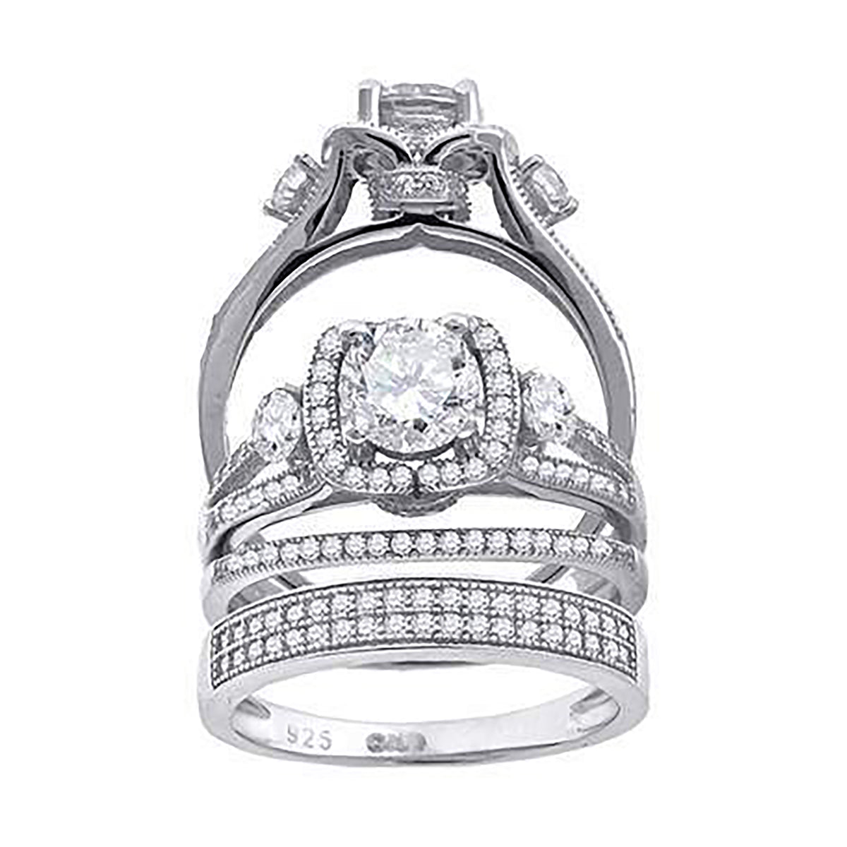 925 Sterling Silver His & Hers Cubic Zirconia Trio Ring Set Size 9