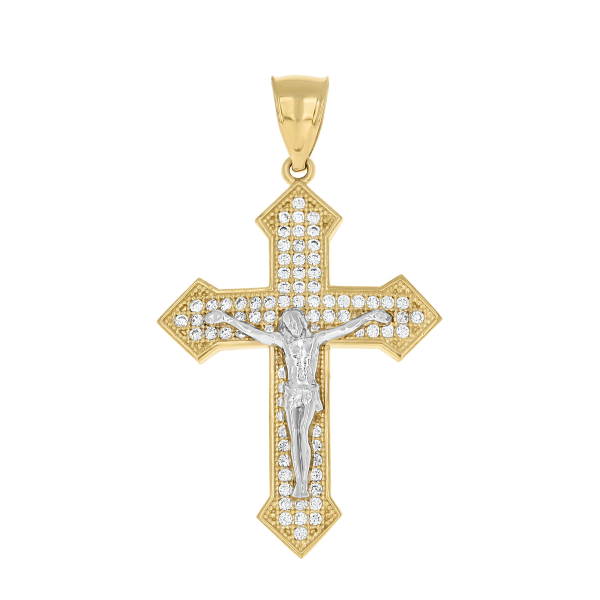 10K Gold Two-Tone Cubic-Zirconia Mens Cross Crucifix Religious Charm Pendant