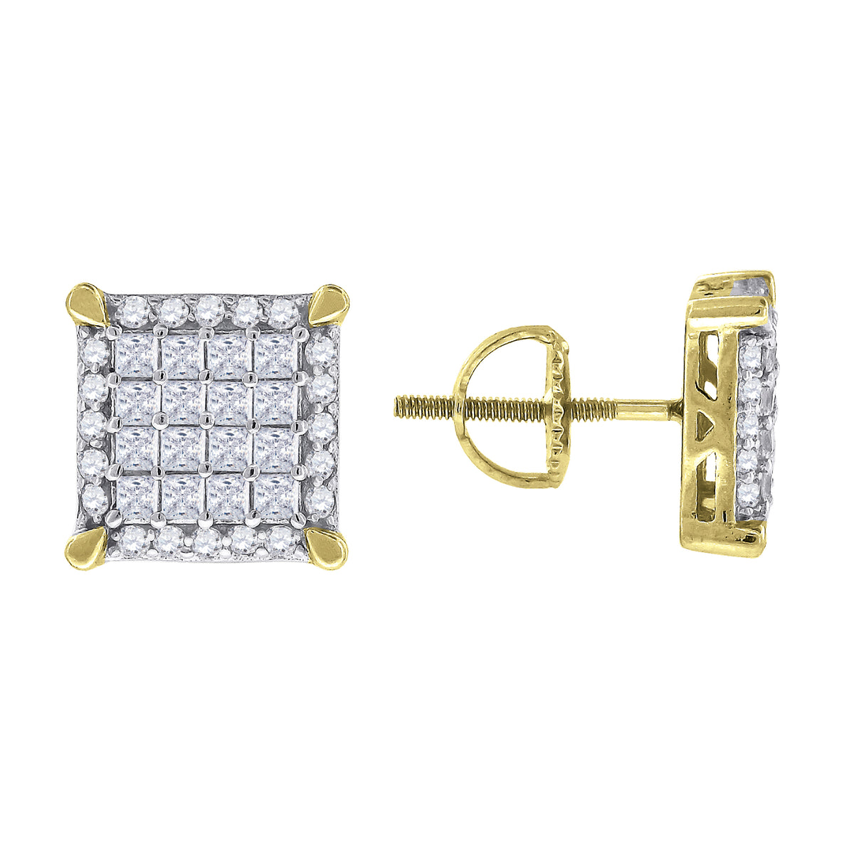 925 Sterling Silver Yellow-Tone Mens Princess Cubic Zirconia Square Stud Earrings