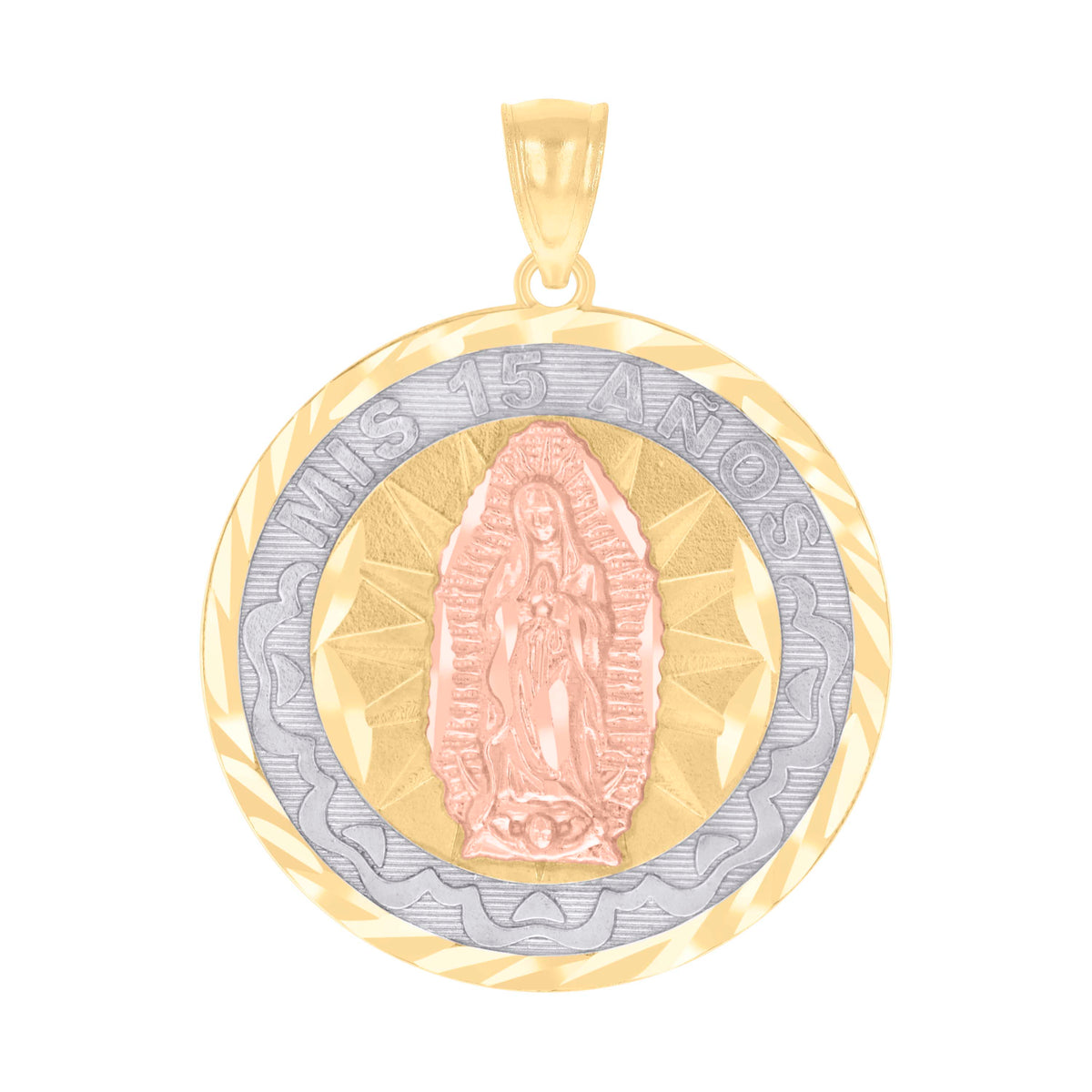 10K Gold Tri-Color Diamond-Cut Womens Mary Mis 15 Anos Quinceanera Charm Pendant
