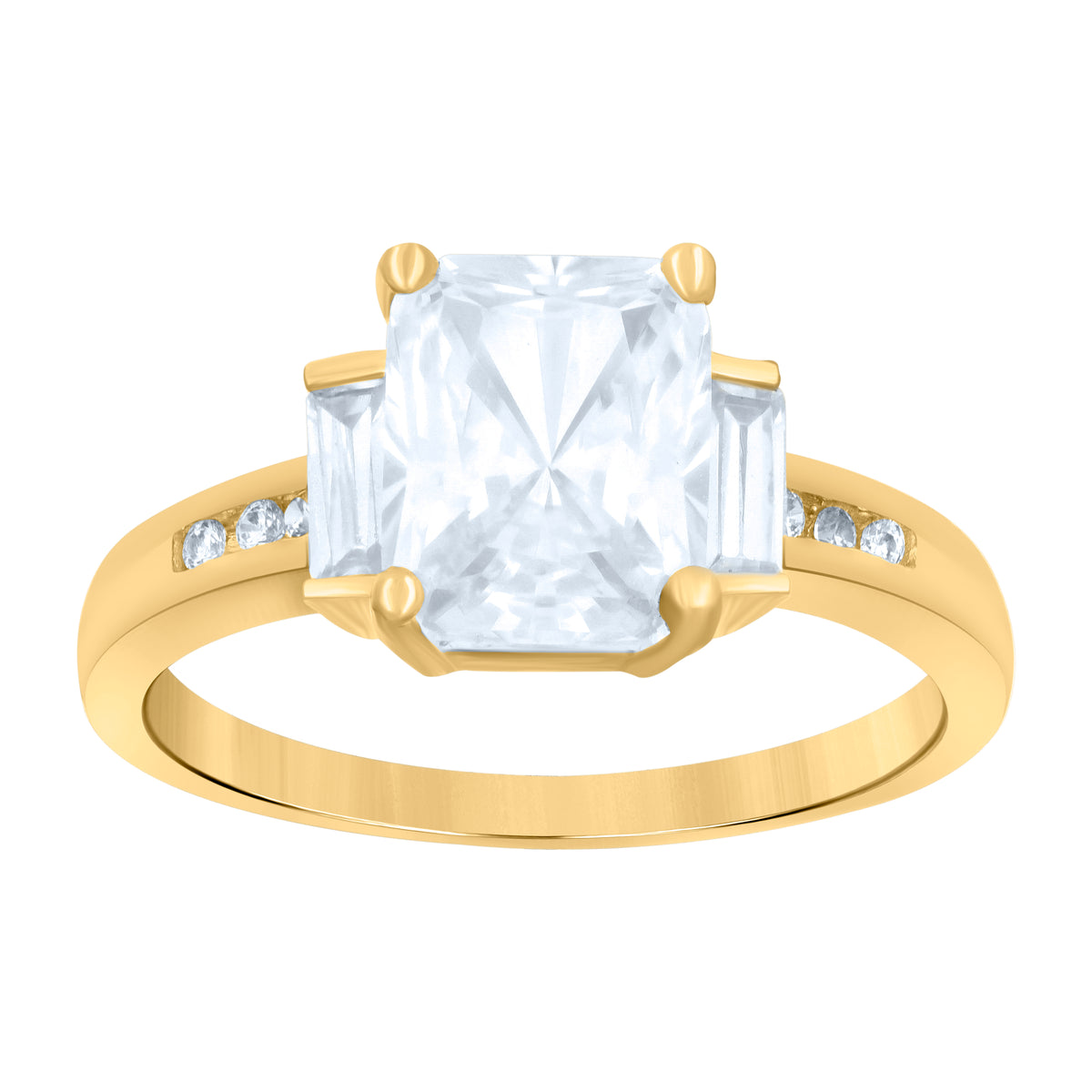 10K Yellow Gold Women Baguette/Emerald-Cut Round Cubic-Zirconia Fashion Ring
