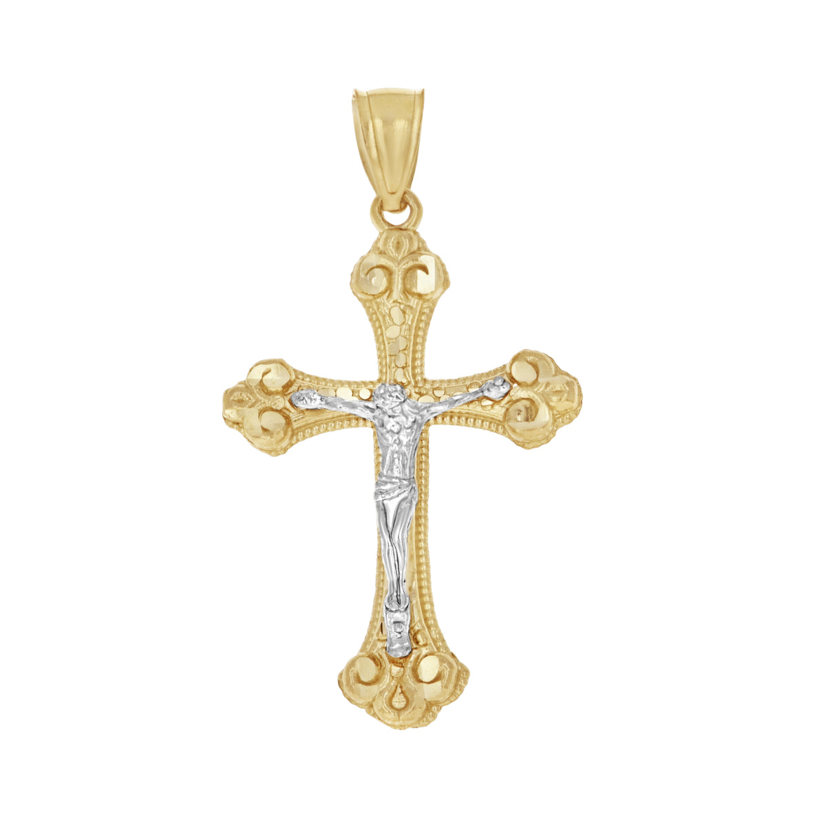 10K Two-Tone Gold Mens Women Nugget Textured Crucifix Cross Religious Charm Pendant
