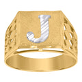 10K Two-Tone Gold Mens Diamond-Cut Textured Initial Letter J Band Ring