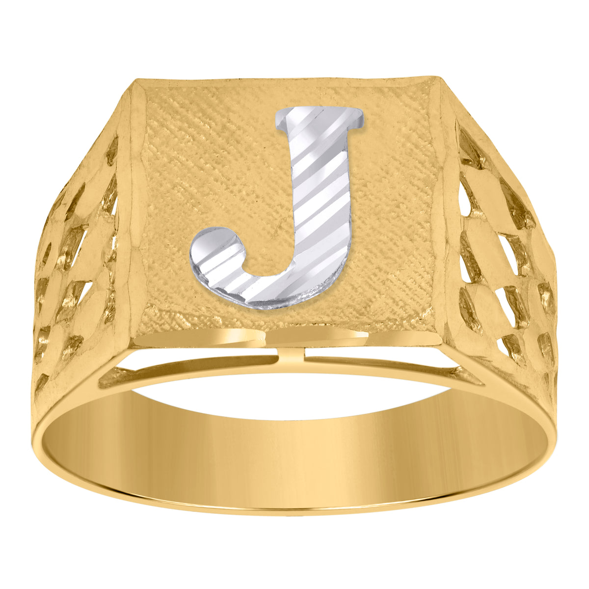 10K Two-Tone Gold Mens Diamond-Cut Textured Initial Letter J Band Ring