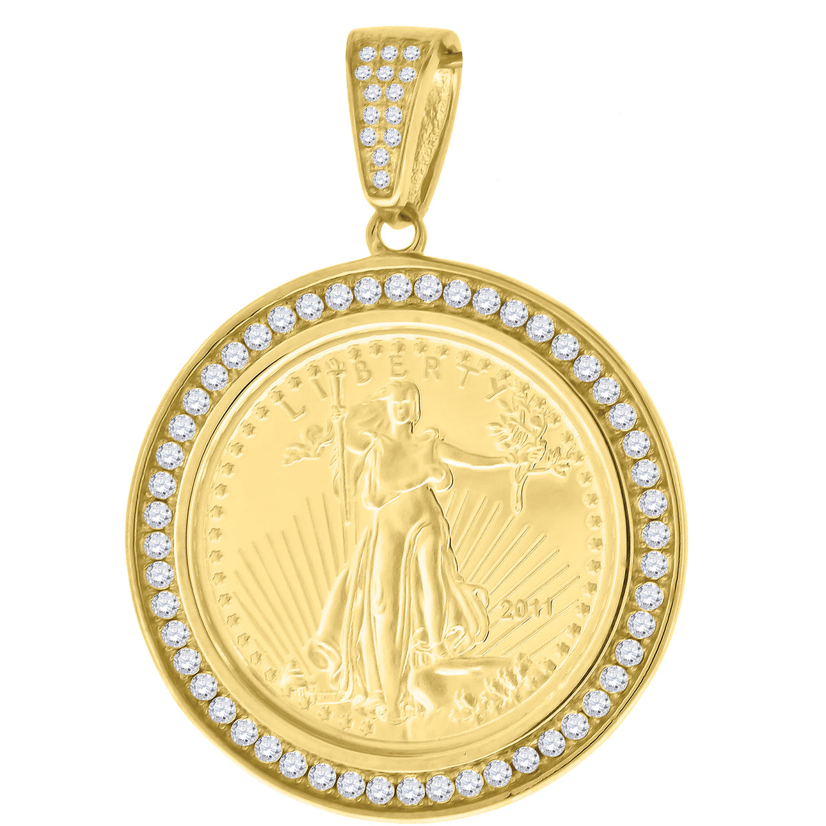 925 Sterling Silver Yellow-Tone Mens Cubic-Zirconia Medallion Lady Liberty Symbol Religious Charm Pendant