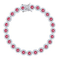 925 Sterling Silver Womens Red & White Cubic Zirconia Fancy Tennis Flower Bracelet Size 8 Inches