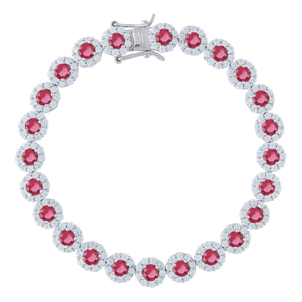 925 Sterling Silver Womens Red & White Cubic Zirconia Fancy Tennis Flower Bracelet Size 8 Inches