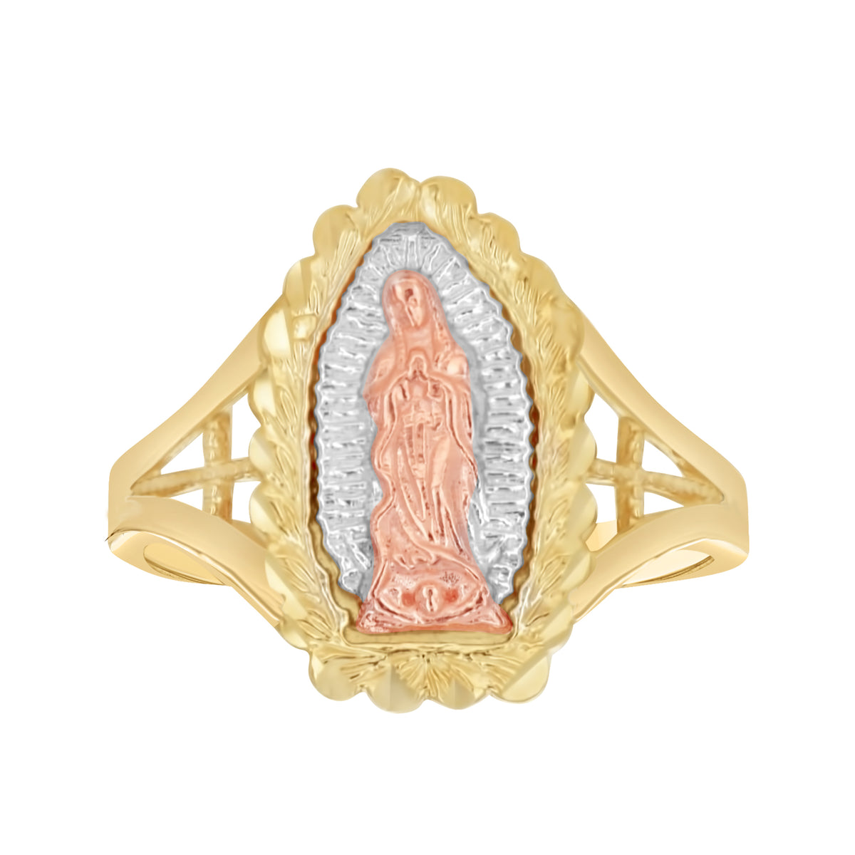 10K Tri-Color Gold Womens Dc Textured Lady Of Guadalupe Religious Ring
