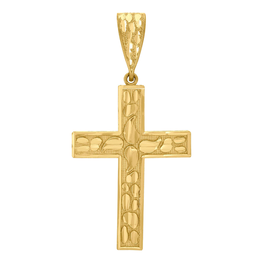 10K Yellow Gold Diamond-Cut Nugget Mens Cross Religious Charm Pendant