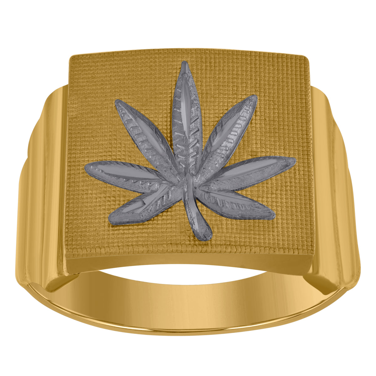 10K Two-Tone Gold Mens Dc Textured Marijuana Leaf Square Ring