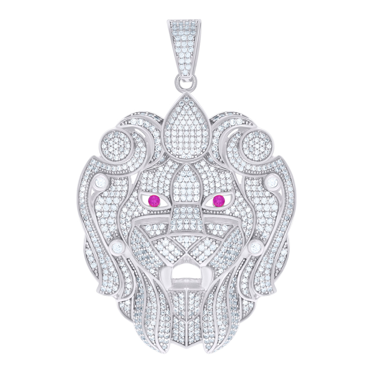 925 Sterling Silver White Mens Pink White Cubic-Zirconia Lion Head Charm Pendant