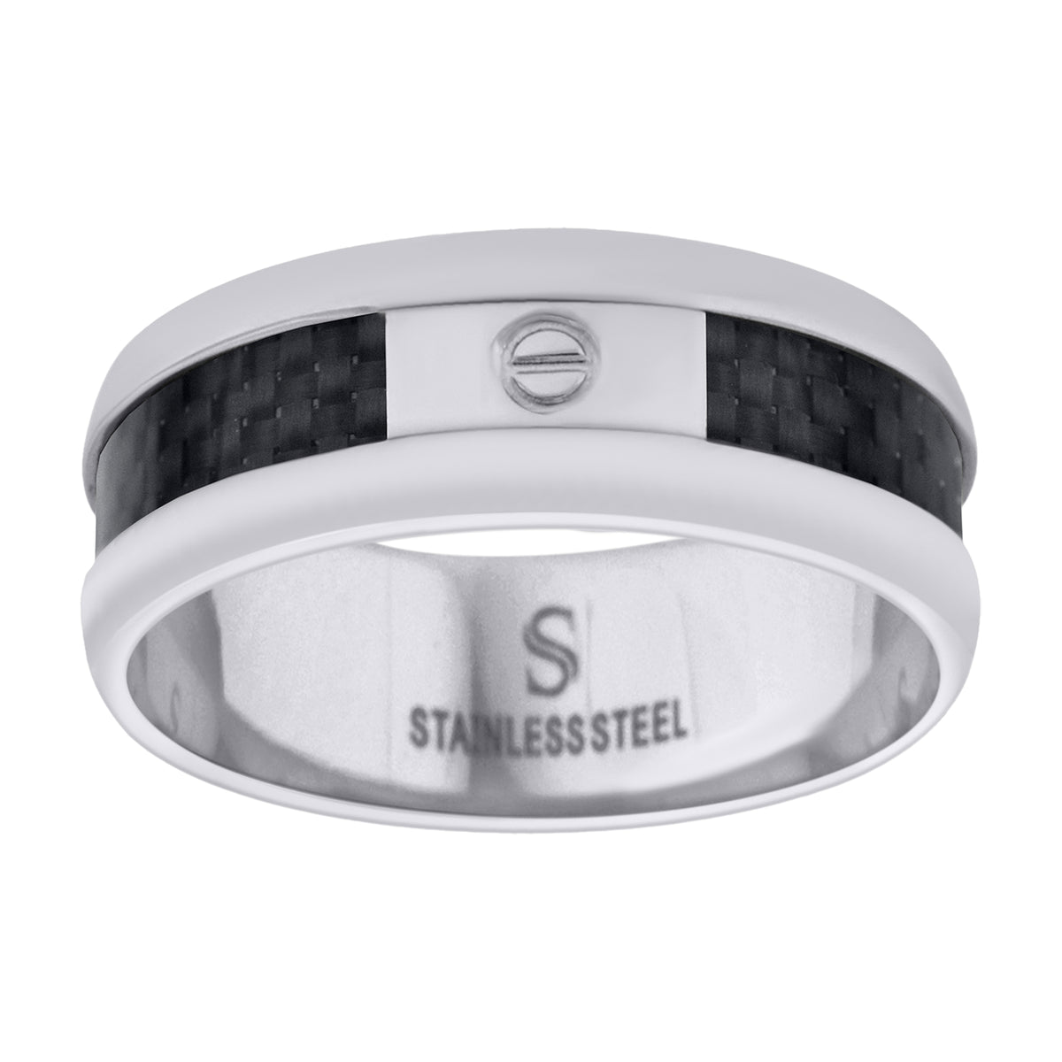 Stainless Steel Mens Carbon Fiber Inlay With Screw Accent Band Size-8 Comfort-Fit Fashion Band Ring