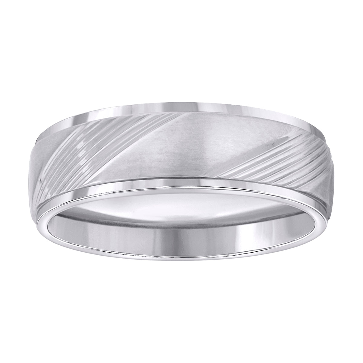 Stainless Steel Mens Laser Cut Diagonal Lines Brushed Center Step Edges Size-8 Comfort-Fit Band