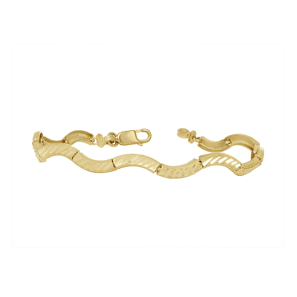 10K Yellow Gold Womens Wave Pattern Link Bracelet Size 7 Inches